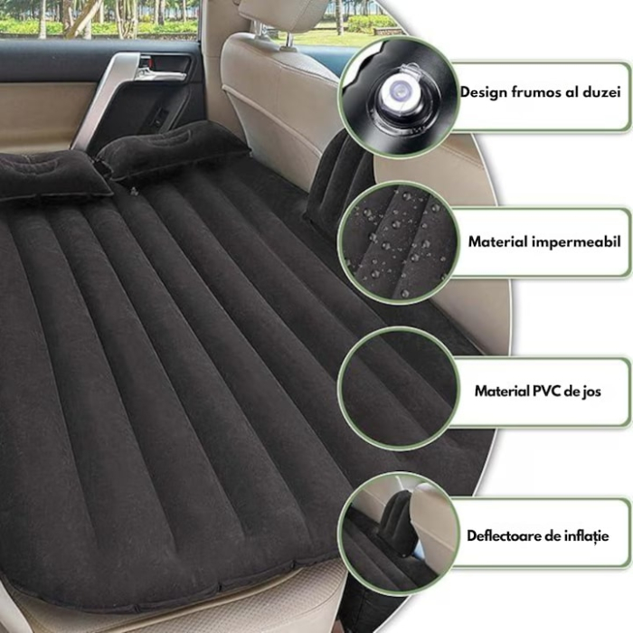 Saltea auto gonflabila cu suport integrat VarioShop®, pompa electrica 12V, 2 perne si husa, pat portabil pentru masina, sarcina maxima 300 kg, ideala pentru calatorii si camping, 130 x 80 cm, Negru [2]