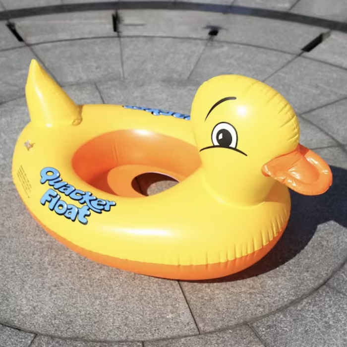 Saltea gonflabila ponton pentru copii VarioShop®, in forma de rata, jucarie acvatica sigura din PVC durabil, cu manere laterale si orificii pentru picioare, ideala pentru piscina, mare sau lac, 63 x 4 [3]