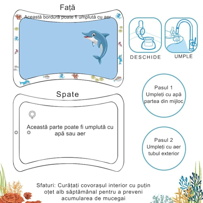Saltea interactiva cu apa pentru bebelusi VarioShop®, gonflabila, cu animale marine, joaca educativa si dezvoltare senzoriala, dimensiune 60 x 45 cm, Albastru [3]