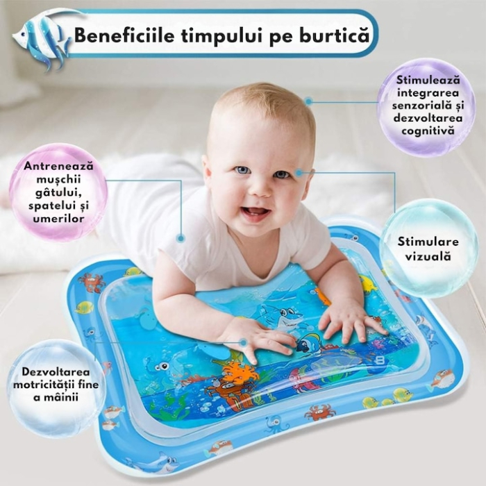 Saltea interactiva cu apa pentru bebelusi VarioShop®, gonflabila, cu animale marine, joaca educativa si dezvoltare senzoriala, dimensiune 60 x 45 cm, Albastru [2]