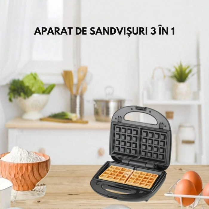 Sandwich-maker 3 in 1 VarioShop®, sandvisuri, vafe si gogosi, putere 850W, termostat automat, tavi detasabile cu invelis antiaderent, negru [3]