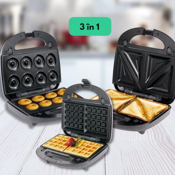 Sandwich-maker 3 in 1 VarioShop®, sandvisuri, vafe si gogosi, putere 850W, termostat automat, tavi detasabile cu invelis antiaderent, negru [11]