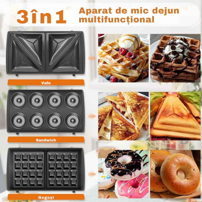 Sandwich-maker 3 in 1 VarioShop®, sandvisuri, vafe si gogosi, putere 850W, termostat automat, tavi detasabile cu invelis antiaderent, negru [4]