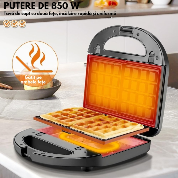 Sandwich-maker 3 in 1 VarioShop®, sandvisuri, vafe si gogosi, putere 850W, termostat automat, tavi detasabile cu invelis antiaderent, negru [9]
