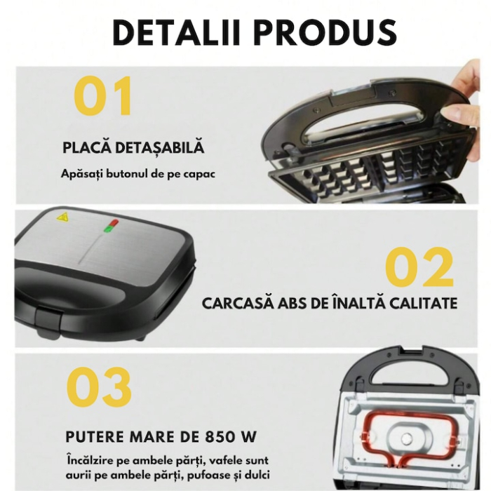 Sandwich-maker 3 in 1 VarioShop®, sandvisuri, vafe si gogosi, putere 850W, termostat automat, tavi detasabile cu invelis antiaderent, negru [5]