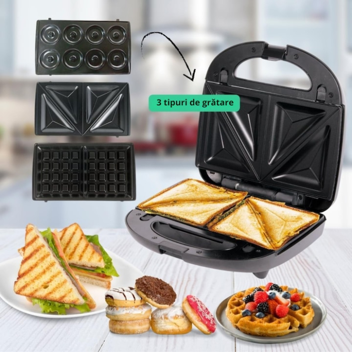 Sandwich-maker 3 in 1 VarioShop®, sandvisuri, vafe si gogosi, putere 850W, termostat automat, tavi detasabile cu invelis antiaderent, negru [12]