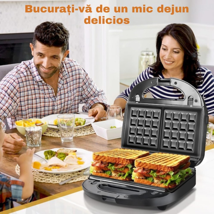 Sandwich-maker 3 in 1 VarioShop®, sandvisuri, vafe si gogosi, putere 850W, termostat automat, tavi detasabile cu invelis antiaderent, negru [8]