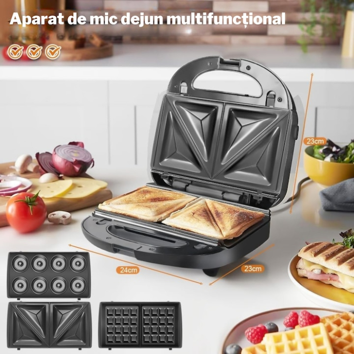 Sandwich-maker 3 in 1 VarioShop®, sandvisuri, vafe si gogosi, putere 850W, termostat automat, tavi detasabile cu invelis antiaderent, negru [7]