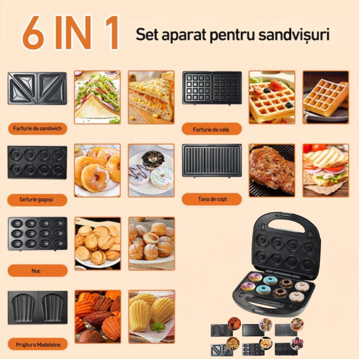Sandwich-maker 6 in 1 VarioShop®, waffle maker si plite detasabile pentru gogosi, prajituri si friptura, 850W, strat antiaderent, design compact [8]