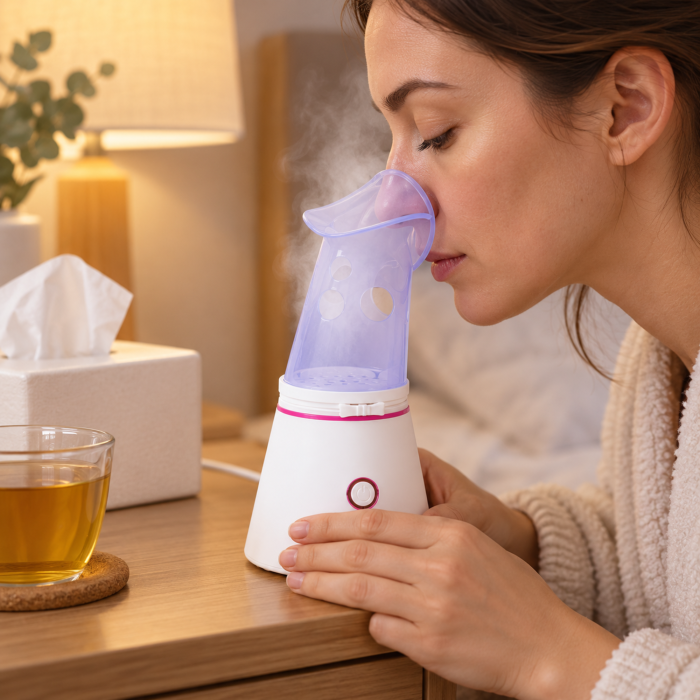 Sauna faciala cu aburi VarioShop®, pentru ingrijirea tenului, cu inhalator nazal, 2 masti din silicon si pahar dozator, 130W, rezervor 60 ml, alb/roz [8]