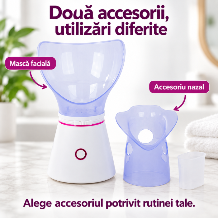 Sauna faciala cu aburi VarioShop®, pentru ingrijirea tenului, cu inhalator nazal, 2 masti din silicon si pahar dozator, 130W, rezervor 60 ml, alb/roz [7]