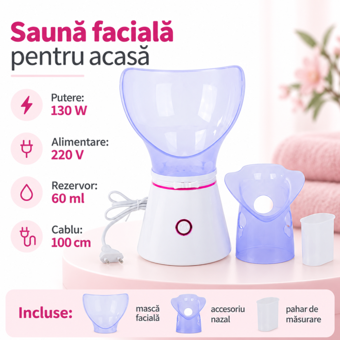 Sauna faciala cu aburi VarioShop®, pentru ingrijirea tenului, cu inhalator nazal, 2 masti din silicon si pahar dozator, 130W, rezervor 60 ml, alb/roz [3]