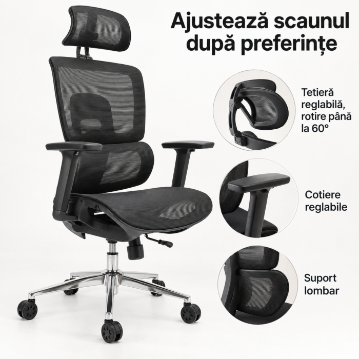 Scaun de birou ergonomic VarioShop, pentru lucru si gaming, suport lombar, tetiera si cotiere reglabile, cadru inox, sarcina maxima 180 kg gri-alb [5]