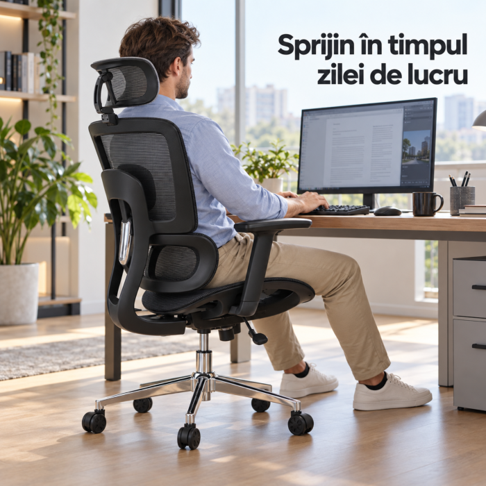Scaun de birou ergonomic VarioShop, pentru lucru si gaming, suport lombar, tetiera si cotiere reglabile, cadru inox, sarcina maxima 180 kg gri-alb [4]