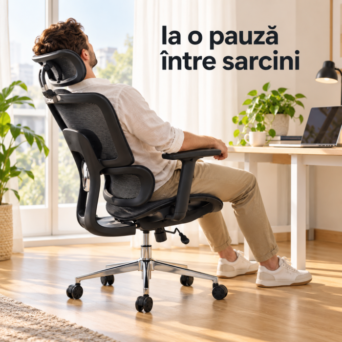 Scaun de birou ergonomic VarioShop, pentru lucru si gaming, suport lombar, tetiera si cotiere reglabile, cadru inox, sarcina maxima 180 kg gri-alb [8]