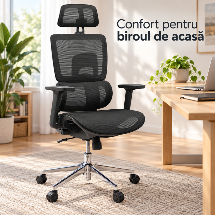 Scaun de birou ergonomic VarioShop, pentru lucru si gaming, suport lombar, tetiera si cotiere reglabile, cadru inox, sarcina maxima 180 kg gri-alb [3]