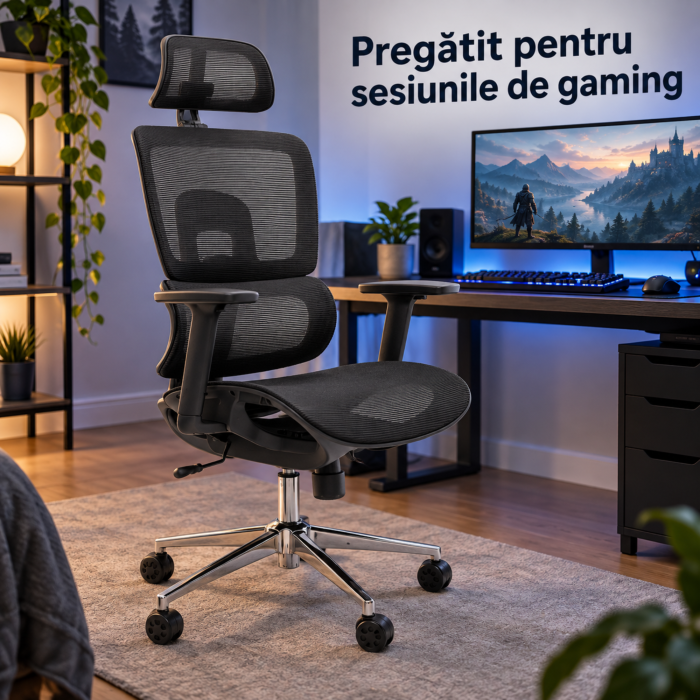 Scaun de birou ergonomic VarioShop, pentru lucru si gaming, suport lombar, tetiera si cotiere reglabile, cadru inox, sarcina maxima 180 kg gri-alb [6]