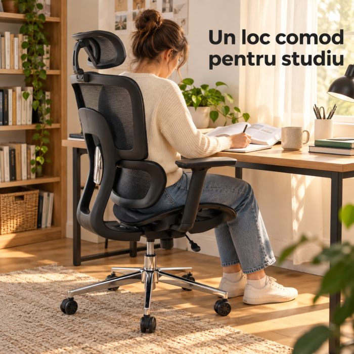 Scaun de birou ergonomic VarioShop, pentru lucru si gaming, suport lombar, tetiera si cotiere reglabile, cadru inox, sarcina maxima 180 kg gri-alb [7]
