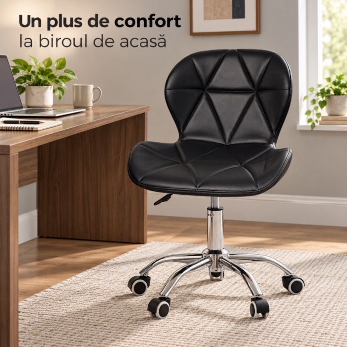 Scaun de birou rotativ VarioShop®, tapiterie din piele ecologica, spatar matlasat geometric, rotire 360°, roti din cauciuc, sezut ergonomic, sarcina maxima 120 kg, negru [6]