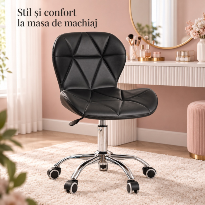 Scaun de birou rotativ VarioShop®, tapiterie din piele ecologica, spatar matlasat geometric, rotire 360°, roti din cauciuc, sezut ergonomic, sarcina maxima 120 kg, negru [5]