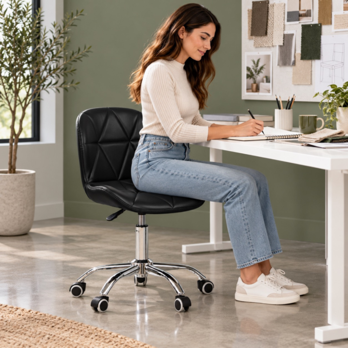 Scaun de birou rotativ VarioShop®, tapiterie din piele ecologica, spatar matlasat geometric, rotire 360°, roti din cauciuc, sezut ergonomic, sarcina maxima 120 kg, negru [8]