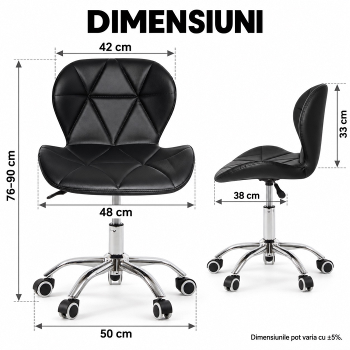 Scaun de birou rotativ VarioShop®, tapiterie din piele ecologica, spatar matlasat geometric, rotire 360°, roti din cauciuc, sezut ergonomic, sarcina maxima 120 kg, negru [3]