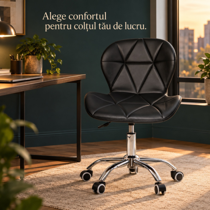 Scaun de birou rotativ VarioShop®, tapiterie din piele ecologica, spatar matlasat geometric, rotire 360°, roti din cauciuc, sezut ergonomic, sarcina maxima 120 kg, negru [4]