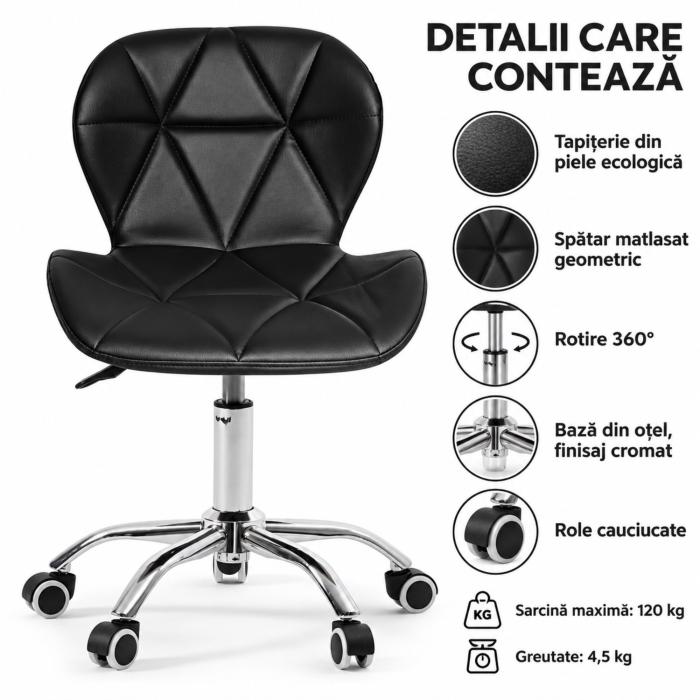 Scaun de birou rotativ VarioShop®, tapiterie din piele ecologica, spatar matlasat geometric, rotire 360°, roti din cauciuc, sezut ergonomic, sarcina maxima 120 kg, negru [2]