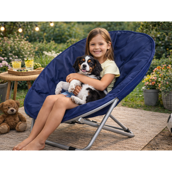 Scaun pliabil tip fotoliu rotund VarioShop®, cadru metalic stabil, diametru 80 cm, design compact si portabil, pentru plaja, gradina, camping si balcon, albastru [8]