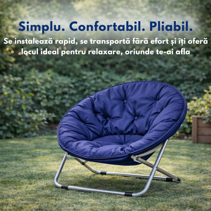Scaun pliabil tip fotoliu rotund VarioShop®, cadru metalic stabil, diametru 80 cm, design compact si portabil, pentru plaja, gradina, camping si balcon, albastru [2]