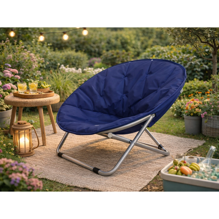 Scaun pliabil tip fotoliu rotund VarioShop®, cadru metalic stabil, diametru 80 cm, design compact si portabil, pentru plaja, gradina, camping si balcon, albastru [9]