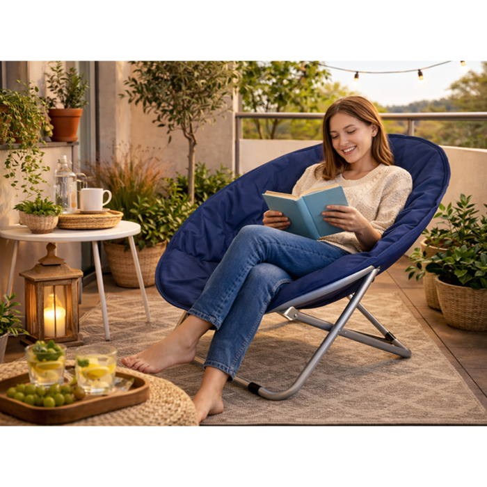Scaun pliabil tip fotoliu rotund VarioShop®, cadru metalic stabil, diametru 80 cm, design compact si portabil, pentru plaja, gradina, camping si balcon, albastru [6]