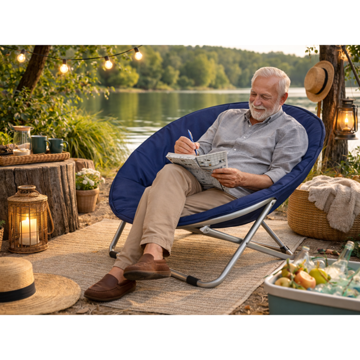 Scaun pliabil tip fotoliu rotund VarioShop®, cadru metalic stabil, diametru 80 cm, design compact si portabil, pentru plaja, gradina, camping si balcon, albastru [7]