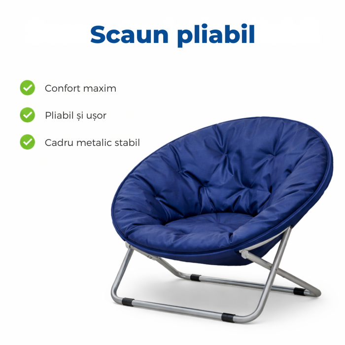 Scaun pliabil tip fotoliu rotund VarioShop®, cadru metalic stabil, diametru 80 cm, design compact si portabil, pentru plaja, gradina, camping si balcon, albastru [3]