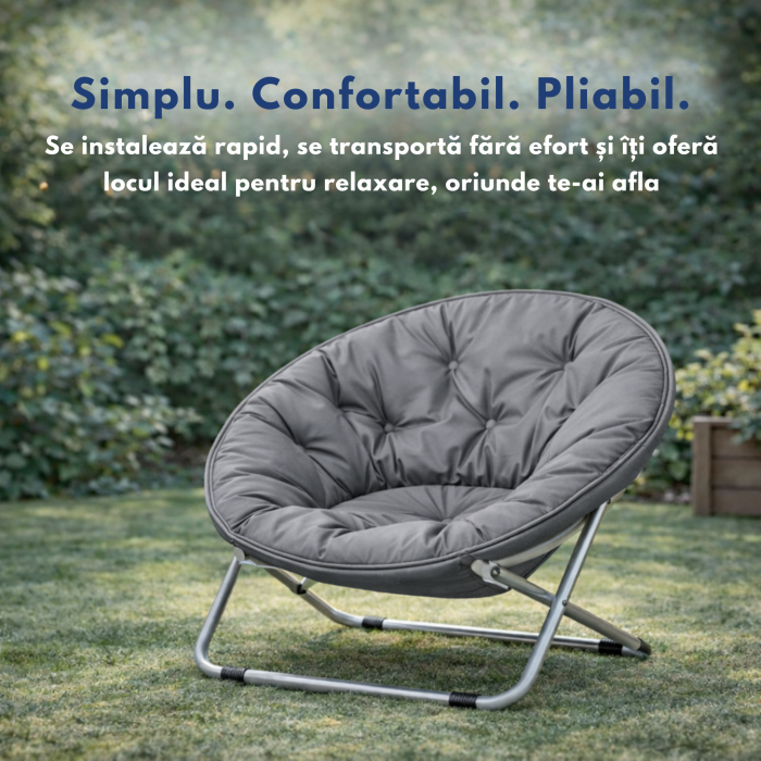 Scaun pliabil tip fotoliu rotund VarioShop®, cadru metalic stabil, diametru 80 cm, design compact si portabil, pentru plaja, gradina, camping si balcon, gri [2]