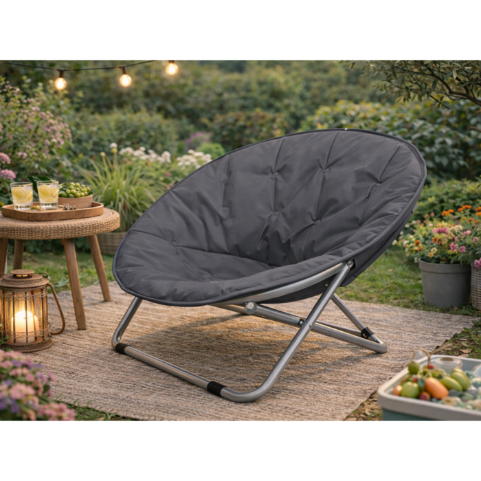 Scaun pliabil tip fotoliu rotund VarioShop®, cadru metalic stabil, diametru 80 cm, design compact si portabil, pentru plaja, gradina, camping si balcon, gri [7]