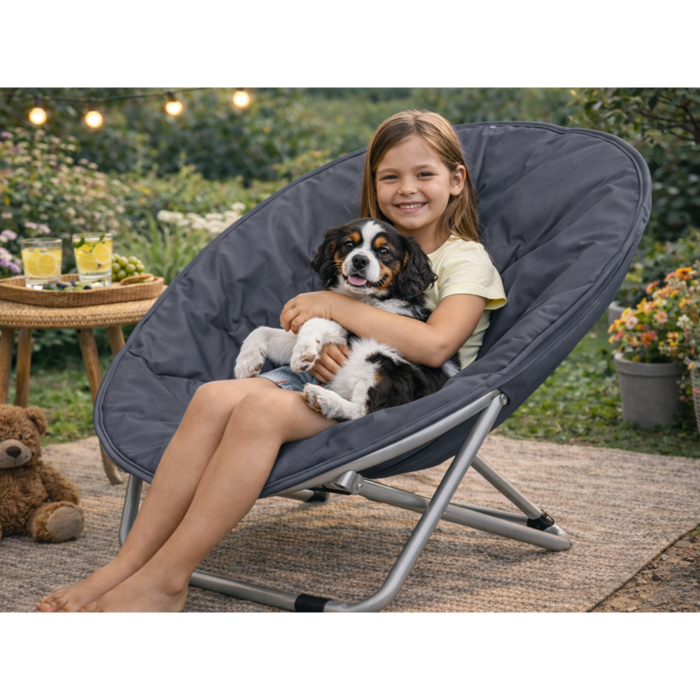 Scaun pliabil tip fotoliu rotund VarioShop®, cadru metalic stabil, diametru 80 cm, design compact si portabil, pentru plaja, gradina, camping si balcon, gri [5]