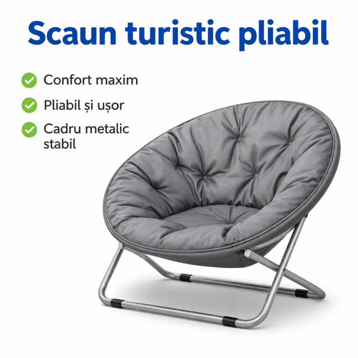 Scaun pliabil tip fotoliu rotund VarioShop®, cadru metalic stabil, diametru 80 cm, design compact si portabil, pentru plaja, gradina, camping si balcon, gri [3]