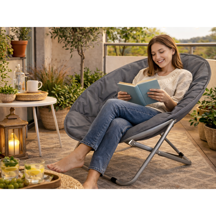 Scaun pliabil tip fotoliu rotund VarioShop®, cadru metalic stabil, diametru 80 cm, design compact si portabil, pentru plaja, gradina, camping si balcon, gri [6]