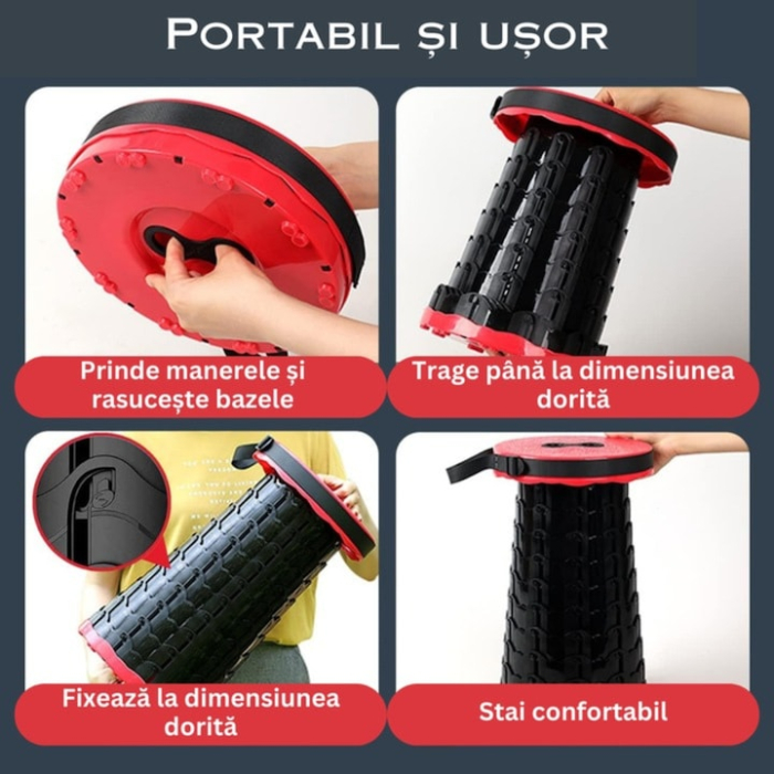 Scaun rotund retractabil, VarioShop®, extensibil, pliabil, portabil, ideal pentru activitati in aer liber, 45 x 25 cm, Negru/Rosu [7]