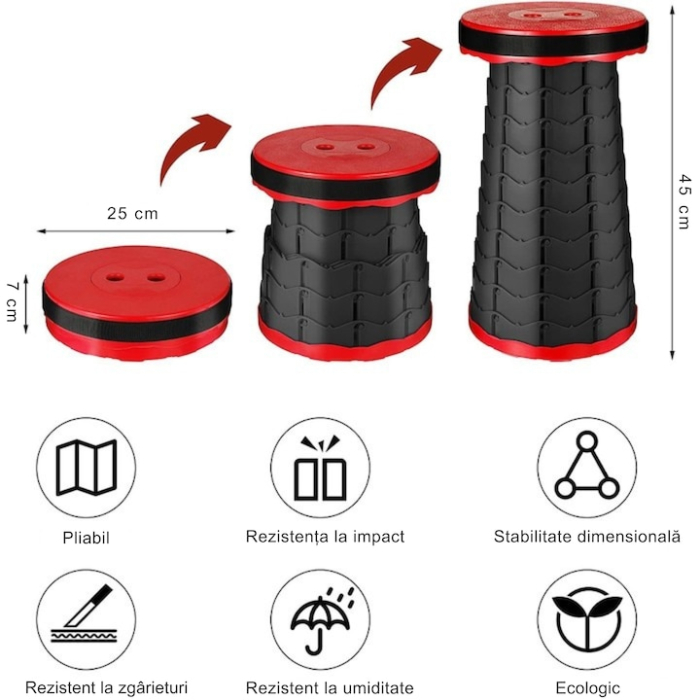 Scaun rotund retractabil, VarioShop®, extensibil, pliabil, portabil, ideal pentru activitati in aer liber, 45 x 25 cm, Negru/Rosu [2]