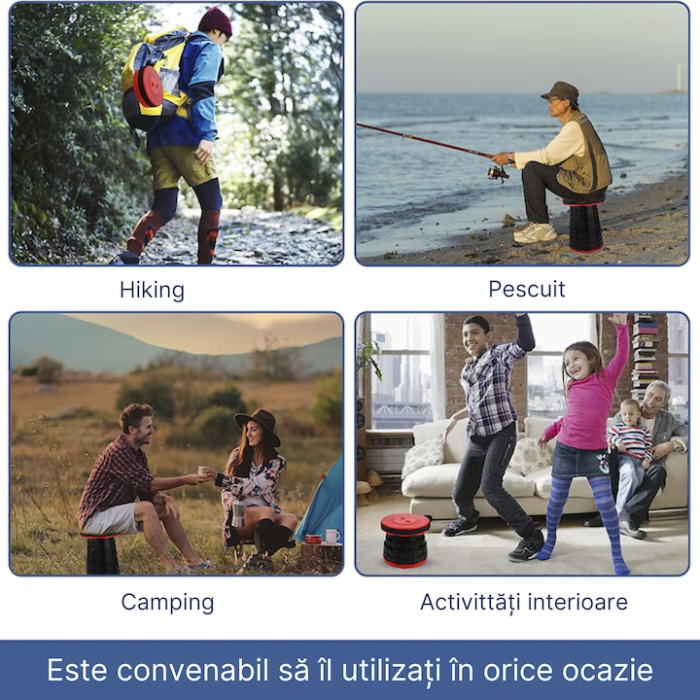 Scaun rotund retractabil, VarioShop®, extensibil, pliabil, portabil, ideal pentru activitati in aer liber, 45 x 25 cm, Negru/Rosu [4]