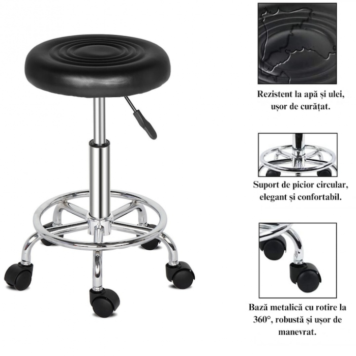 Scaun-taburet pentru Salon VarioShop®, Scaun pentru Cosmetica, Pedichiura, Manichiura, pe baza de Otel cromat, Rotund, cu Pompa hidraulica si Roti, Negru [7]
