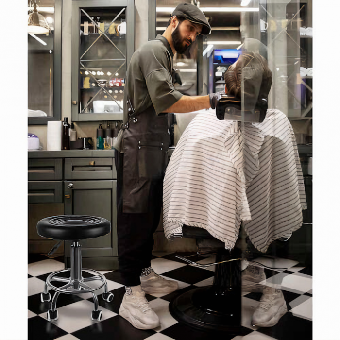Scaun-taburet pentru Salon VarioShop®, Scaun pentru Cosmetica, Pedichiura, Manichiura, pe baza de Otel cromat, Rotund, cu Pompa hidraulica si Roti, Negru [5]