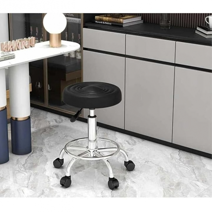 Scaun-taburet pentru Salon VarioShop®, Scaun pentru Cosmetica, Pedichiura, Manichiura, pe baza de Otel cromat, Rotund, cu Pompa hidraulica si Roti, Negru [9]