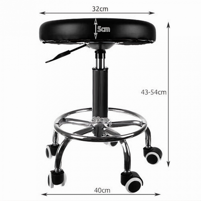 Scaun-taburet pentru Salon VarioShop®, Scaun pentru Cosmetica, Pedichiura, Manichiura, pe baza de Otel cromat, Rotund, cu Pompa hidraulica si Roti, Negru [17]