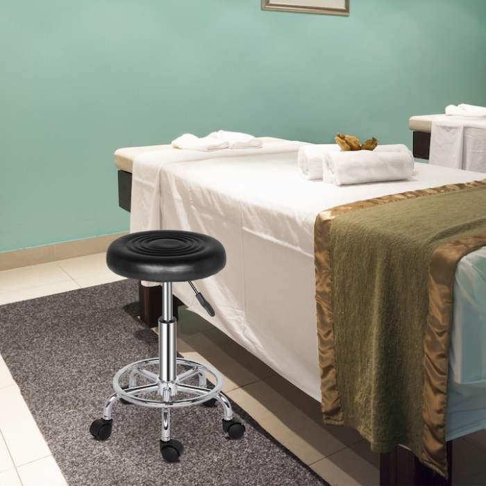 Scaun-taburet pentru Salon VarioShop®, Scaun pentru Cosmetica, Pedichiura, Manichiura, pe baza de Otel cromat, Rotund, cu Pompa hidraulica si Roti, Negru [12]
