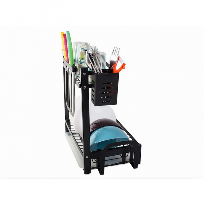 Scurgator de vase pe 2 nivele VarioShop®, cu 4 umerase, suport pentru cutite/tocator/tacamuri, tava scurgere, 40x35x22 cm, negru [13]
