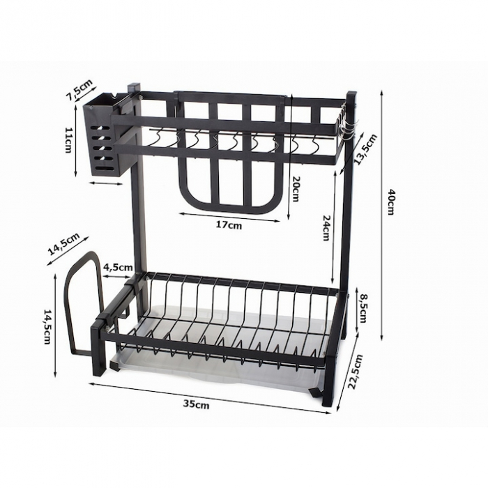 Scurgator de vase pe 2 nivele VarioShop®, cu 4 umerase, suport pentru cutite/tocator/tacamuri, tava scurgere, 40x35x22 cm, negru [2]