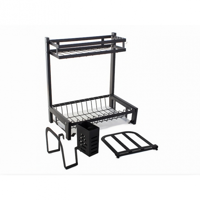 Scurgator de vase pe 2 nivele VarioShop®, cu 4 umerase, suport pentru cutite/tocator/tacamuri, tava scurgere, 40x35x22 cm, negru [18]
